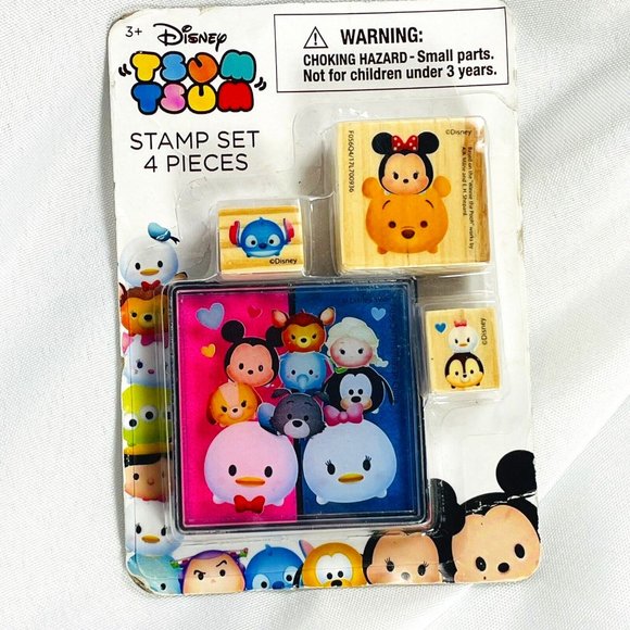 NEW 2018 Disney TSUM TSUM 4 Piece RUBBER STAMP SET - 3 Stamps & 1 Ink Pad - Picture 1 of 9
